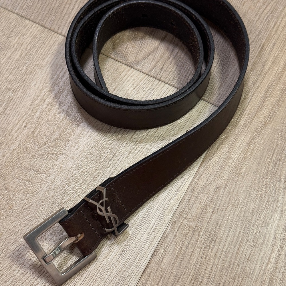 Saint Laurent Dark Brown Leather Belt with Silver YSL Accent